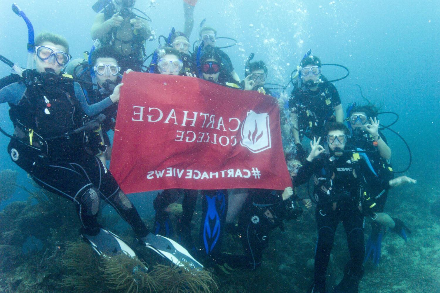 学生们手持<a href='http://top.fny.ngskmc-eis.net'>bv伟德ios下载</a>旗帜，在j学期洪都拉斯游学之旅中潜水.